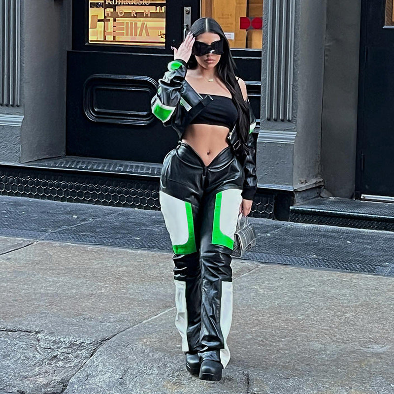 PU Leather Contrast Colorblock V-Shaped Waist Design Women's Pants