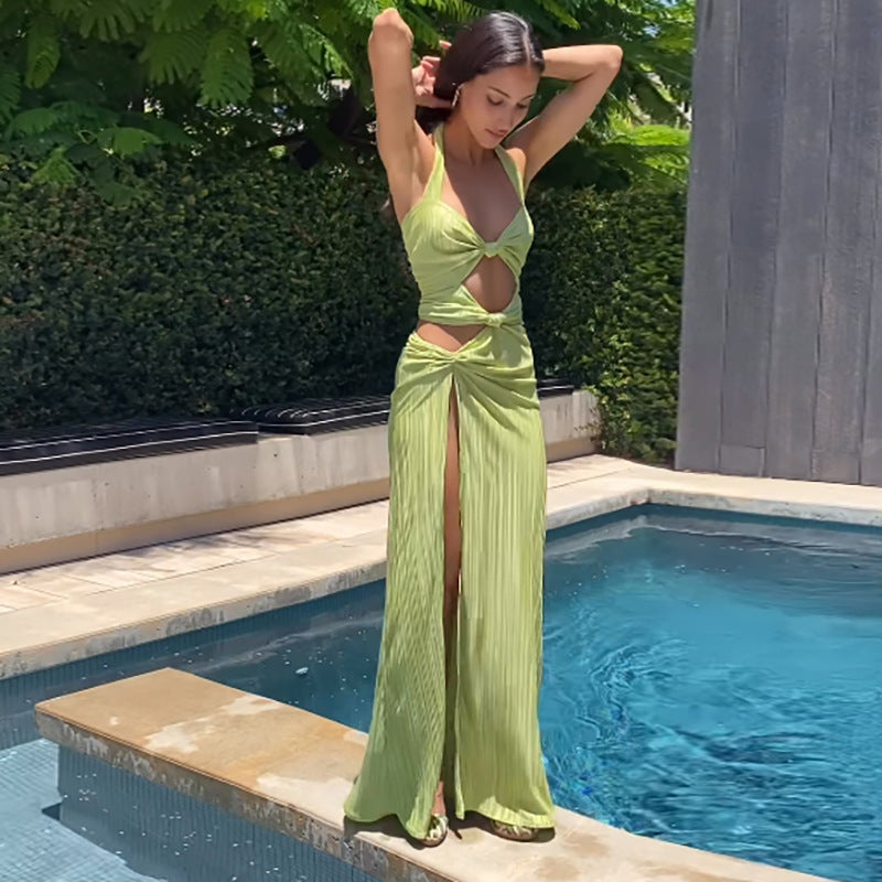 Mint Green Ribbed Hollow-Out Sleeveless Halter High Slit Formal Maxi Party/Prom Dress