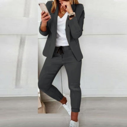Single Breasted Solid Color Blazer Jacket + Drawstring Pants Women's 2-Piece Office Suit to 3X Plus Size