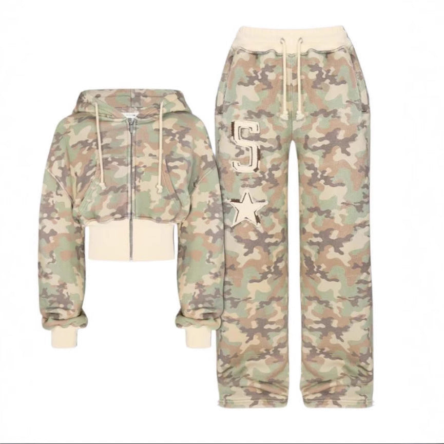Camoflauge Long Sleeve Crop Zipper Hoodie Sweat Jacket + Drawstring Sweatpants Women's Tracksuit