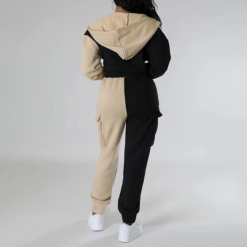 Colorblock Streetwear 2-Tone Cropped Zipper Sports Hoodie Jacket & Drawstring Cargo Pocketed Sweatpants Women's Tracksuit to 3X Plus Size