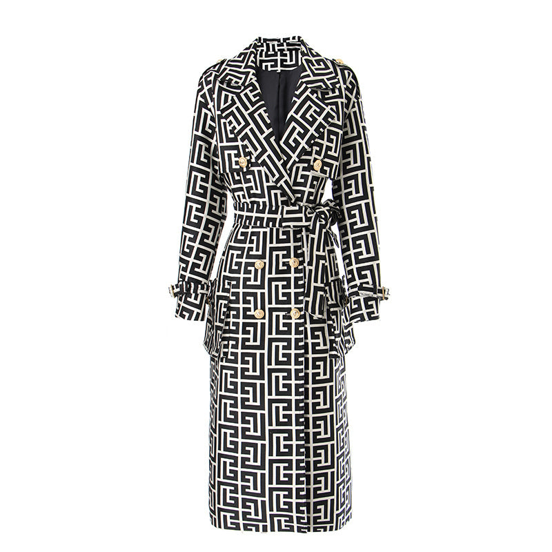 Vintage Black/White Geometric Print Gold Button Detail Double Breasted Women's Turn-Down Collar Trenchcoat to 3X Plus Size w/ Belt