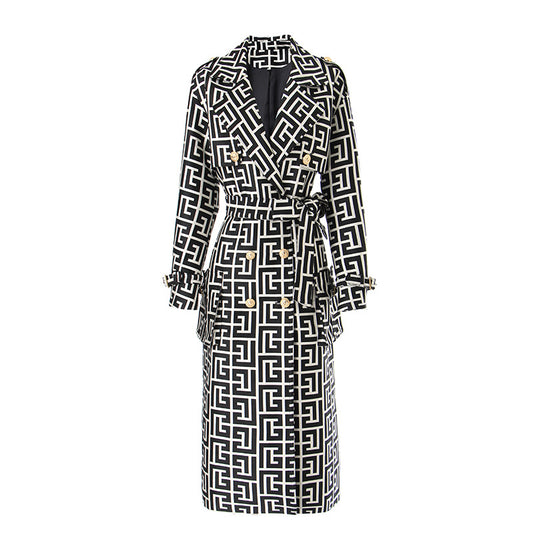 Vintage Black/White Geometric Print Gold Button Detail Double Breasted Women's Turn-Down Collar Trenchcoat to 3X Plus Size w/ Belt