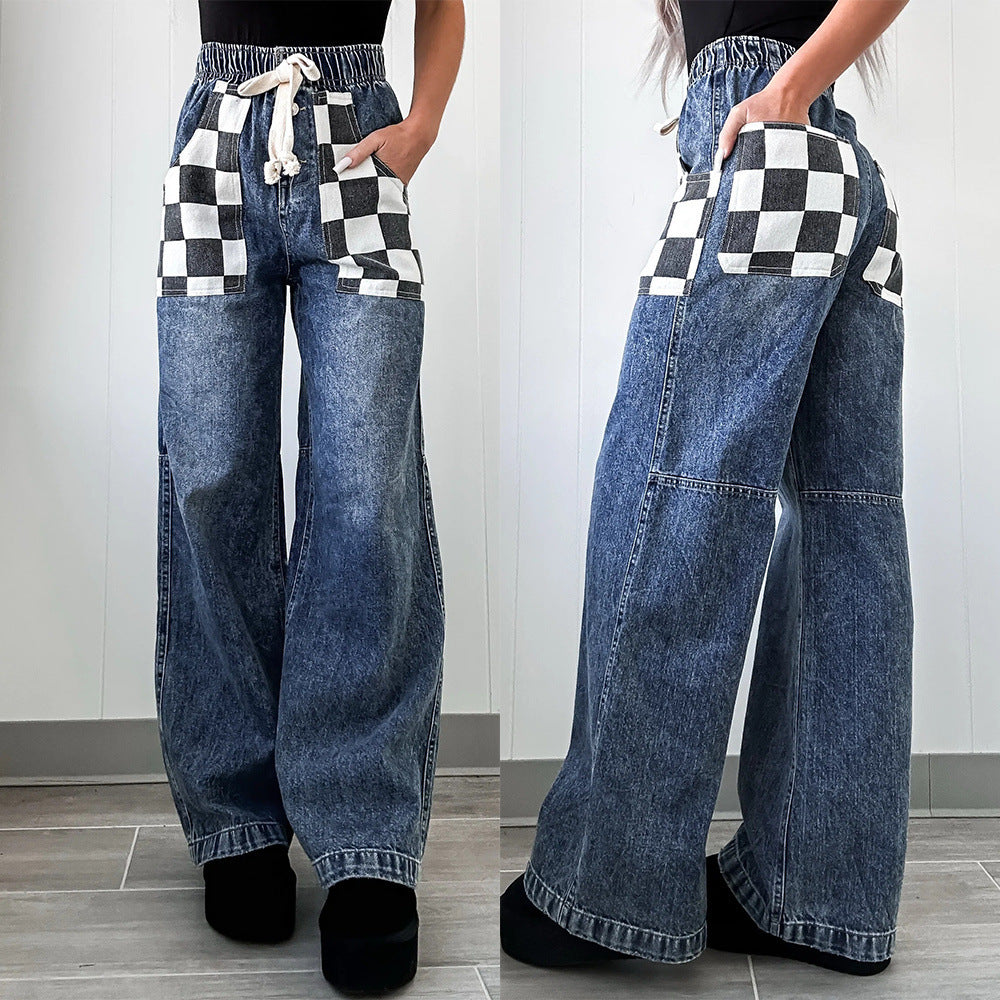 Denim Loose Plaid Checker Print Contrast Colorblock Women's Elastic Waist Drawstring Trouser Jeans