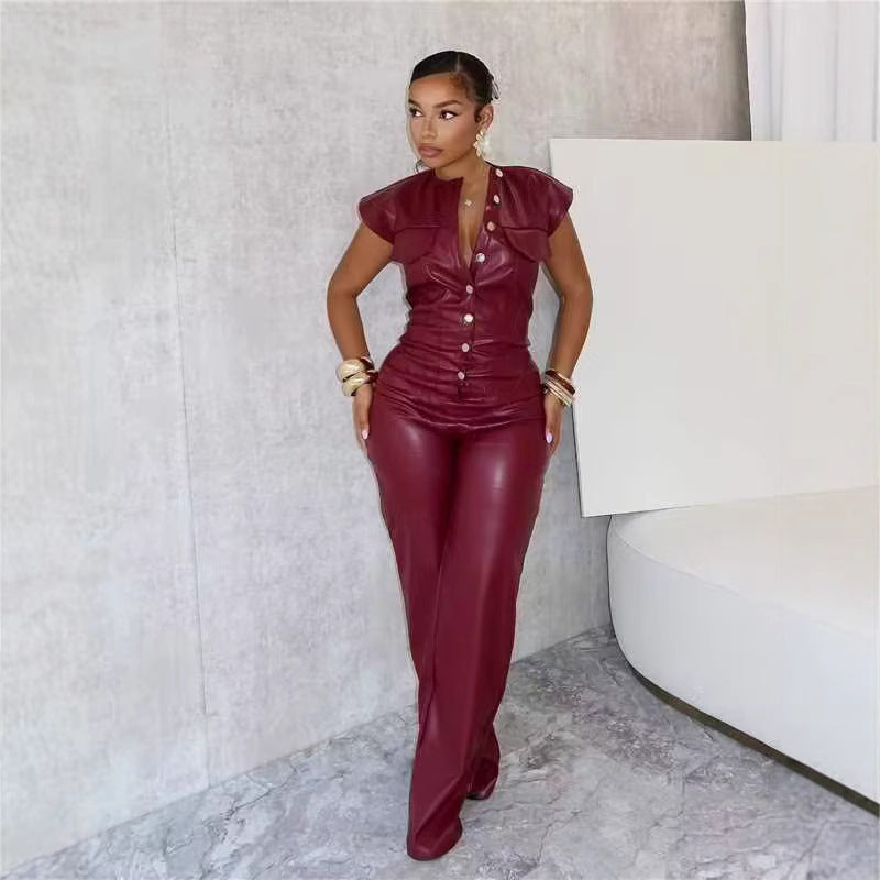 Burgundy PU Leather Women's Sleeveless Button-Up Jumpsuit