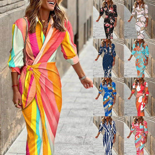 Striped Colorblock Floral Geometric Turn-Down Collar 3/4 Length Long Sleeve Maxi Dress w/ Sash Belt