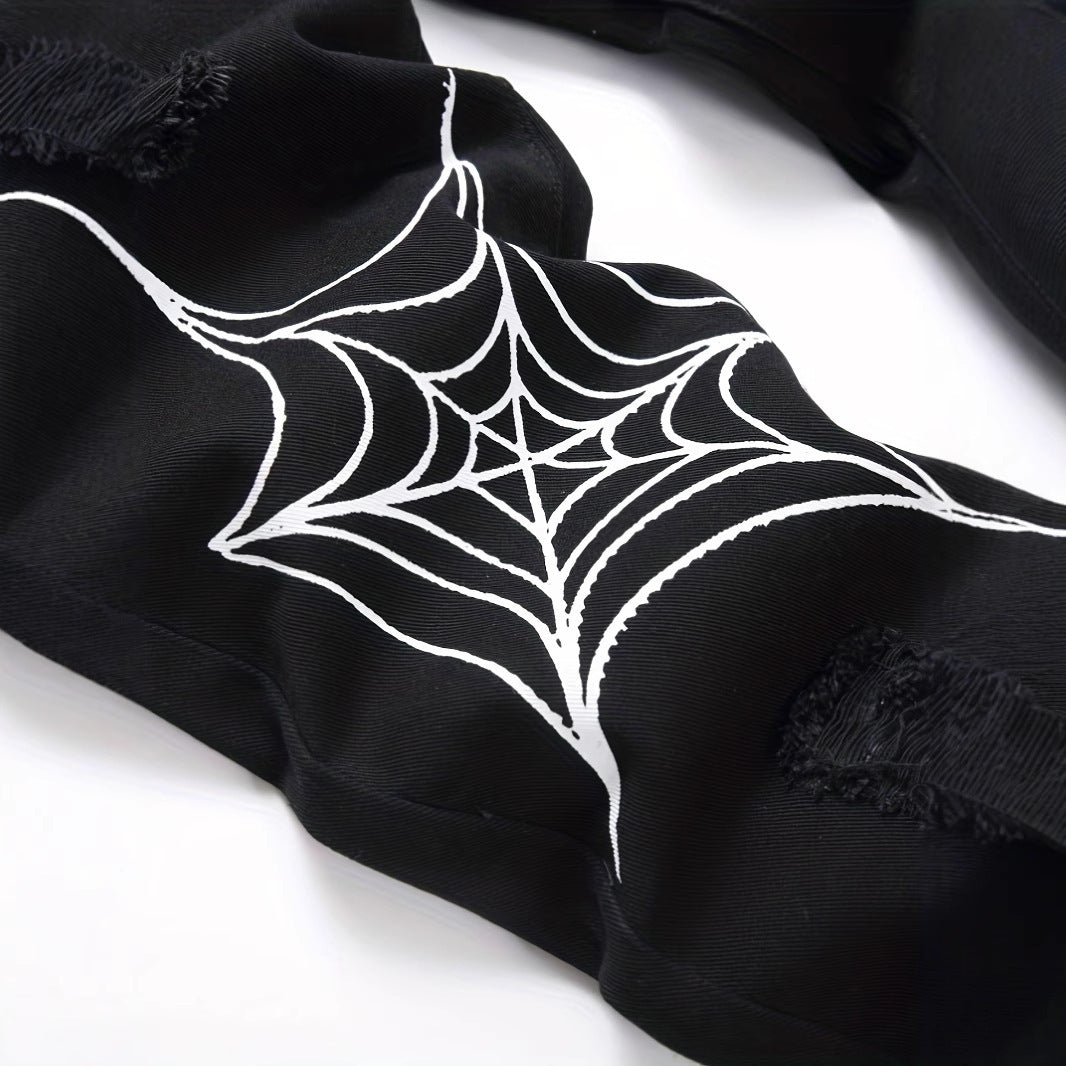 Men's Ruched Spider Web Print Hip-Hop Straight Leg Skinny Jeans