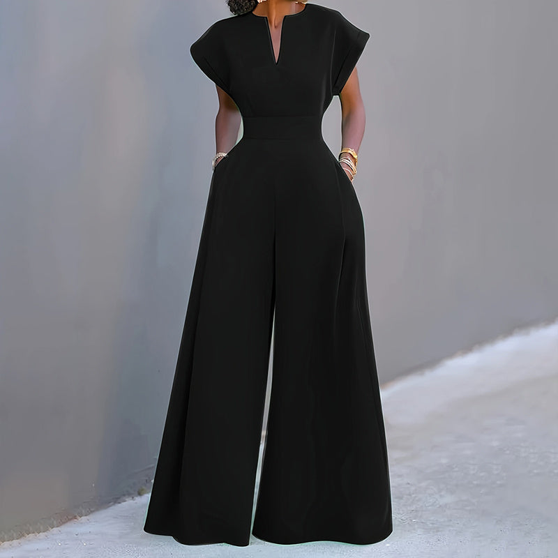 Women's V-Neck Solid Color Short Sleeve Wide Leg A-Line High Waist Jumpsuit to 3X Plus