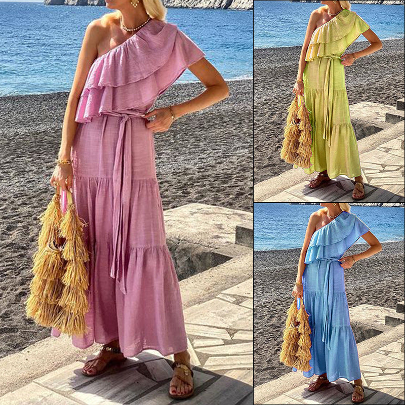 Ruffled Tiered Layered Solid Color Asymmetrical One Shoulder Cotton Linen Sash Belted Maxi Dress
