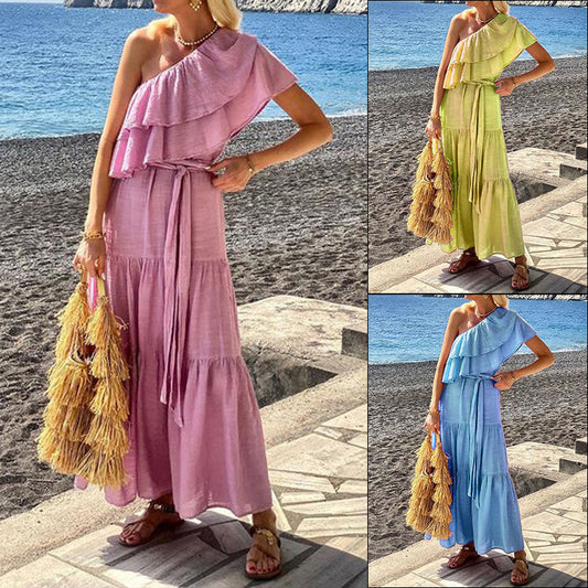 Ruffled Tiered Layered Solid Color Asymmetrical One Shoulder Cotton Linen Sash Belted Maxi Dress