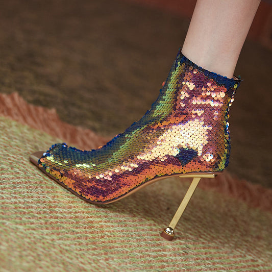 Sequined Metallic FishMouth Zipper Gold Metal Stiletto Heel Women's Ankle Boots