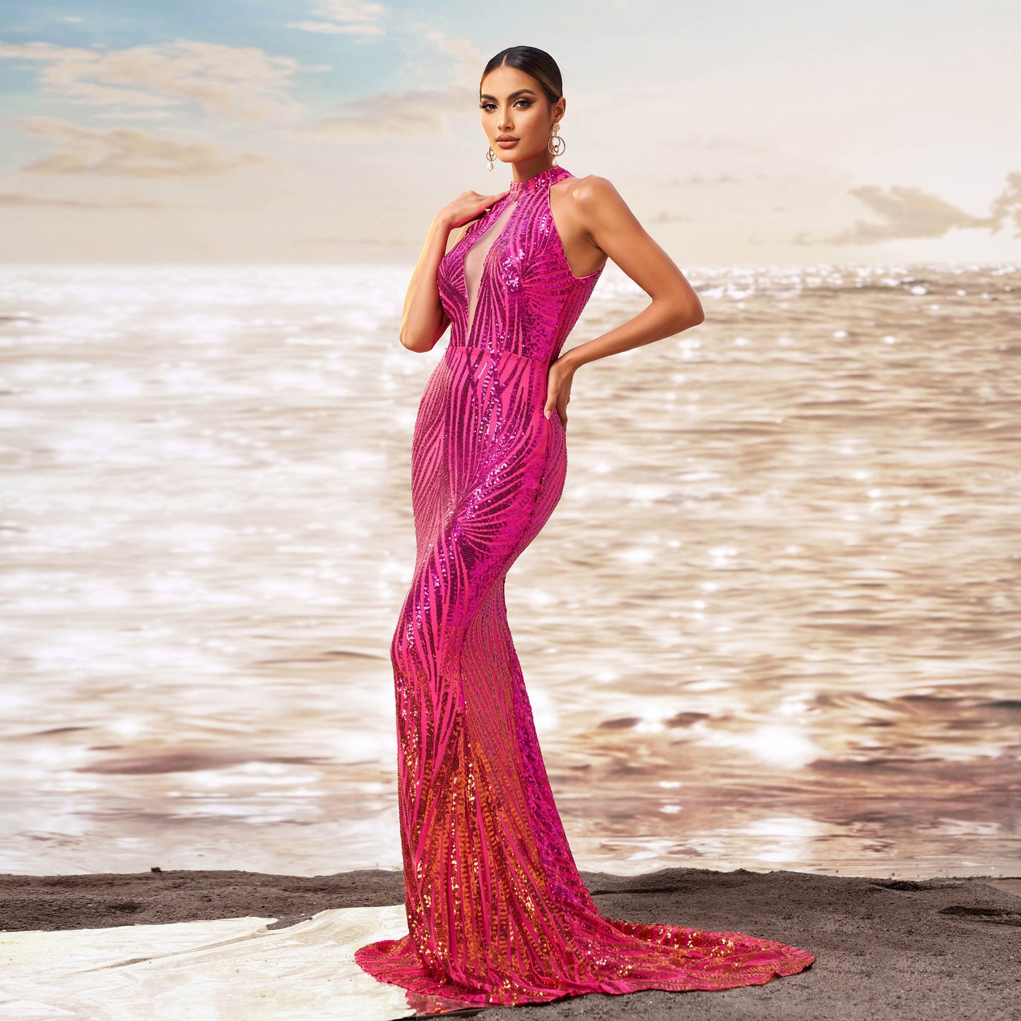 Magenta Seqiuned Sleeveless O-Neck Hollow-Out Skinny Fishtail Floor-Length Formal Evening Party/Prom Dress