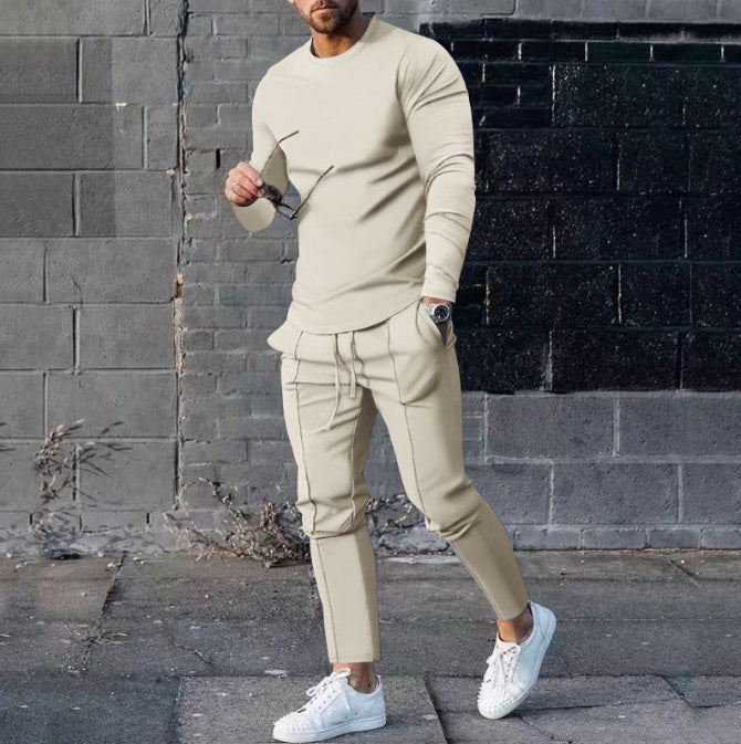 Men's Solid Color 3D Digital Print Long Sleeve O-Neck T-Shirt + Drawstring Pocketed Sweatpants 2-Piece Set