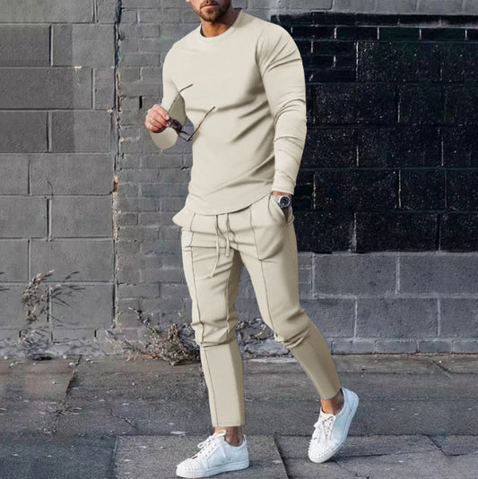 Men's Solid Color 3D Digital Print Long Sleeve O-Neck T-Shirt + Drawstring Pocketed Sweatpants 2-Piece Set