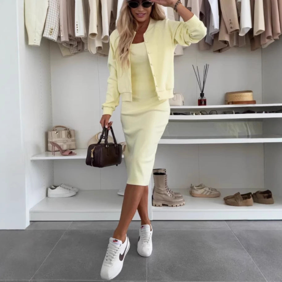 Solid Color Women's Button-Up Bomber Jacket + Sling Dress Dress 2-Piece Set to 3X Plus Size