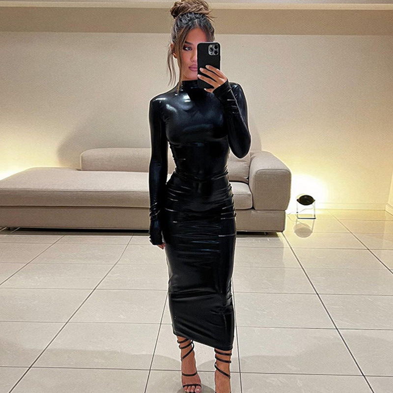 PU Leather Skin Tight Long Sleeve Solid Color Party Dress