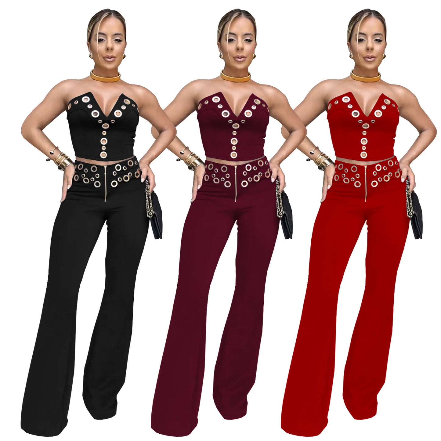 Eyelet Metal Buckle Design Sleeveless Tube Top + Zipper Front Trouser Pants Women's 2-Piece Set