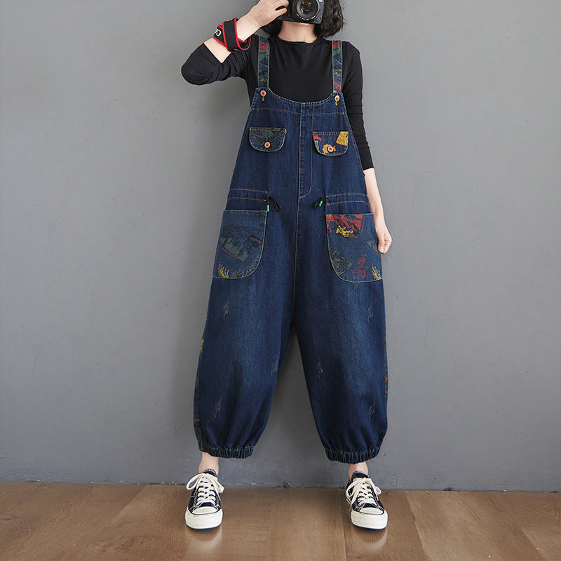Denim Women's Floral Print Baggy Streetwear  Suspender Jean Overall Jumpsuit