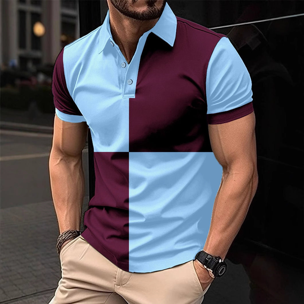 Colorblock Checker Print Turn-Down Collar Button-Up Polo Shirt