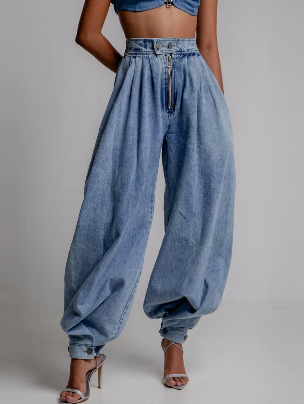 Denim Baggy High Waist Ankle-Length Women's Zipper Harem Jeans to 3X Plus Size