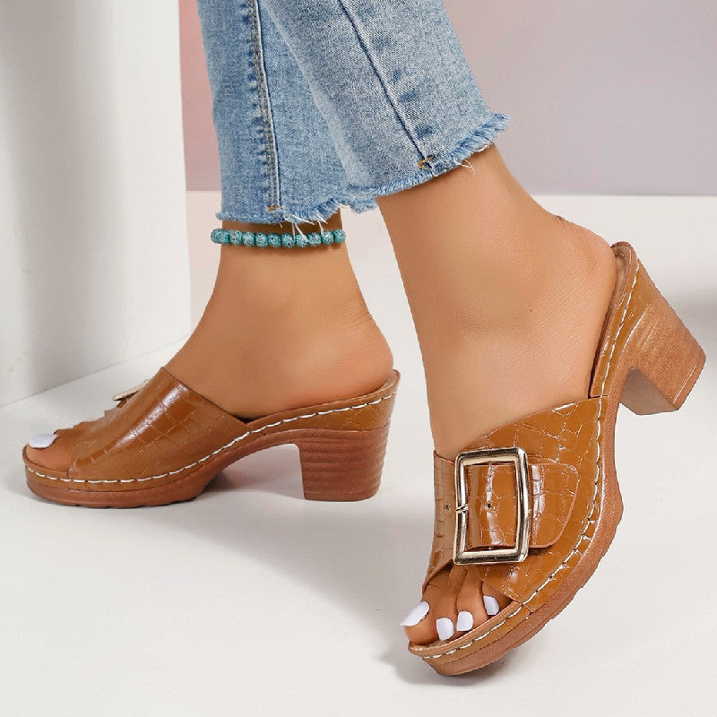 Crocodile Textured Pattern Women's Buckle Square Chunky Heel Peep Toe Sandals