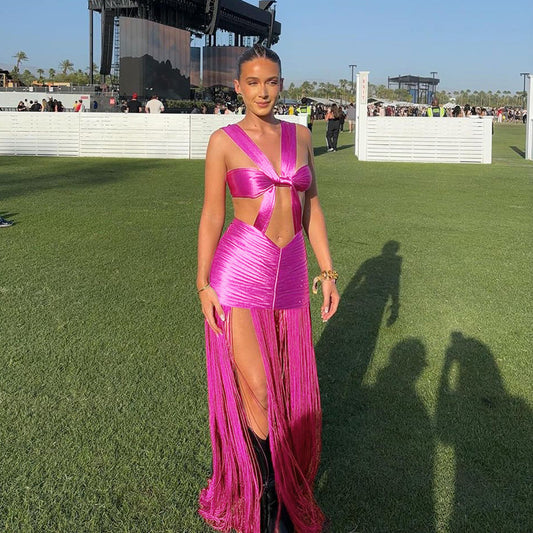 Shiny Rose Red Hanging Tassel Fringe Butterfly Strap Hollow-Out Sexy Maxi Dress