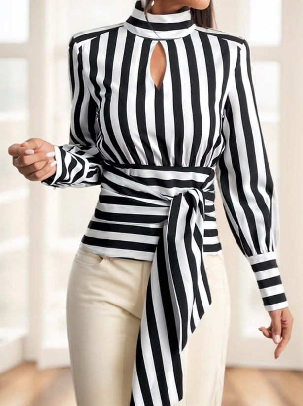 Striped Long Sleeve Tied Sash Women's Shirt
