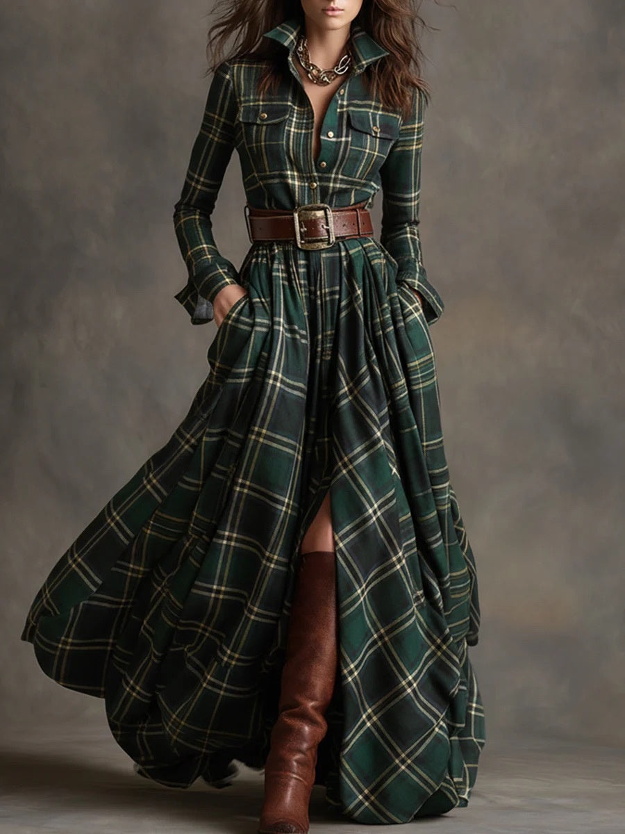 Oversized Plaid Print Long Sleeve Pocketed Turn-Down Collar Button-Up Big Swing Maxi Dress to 4X Plus Size