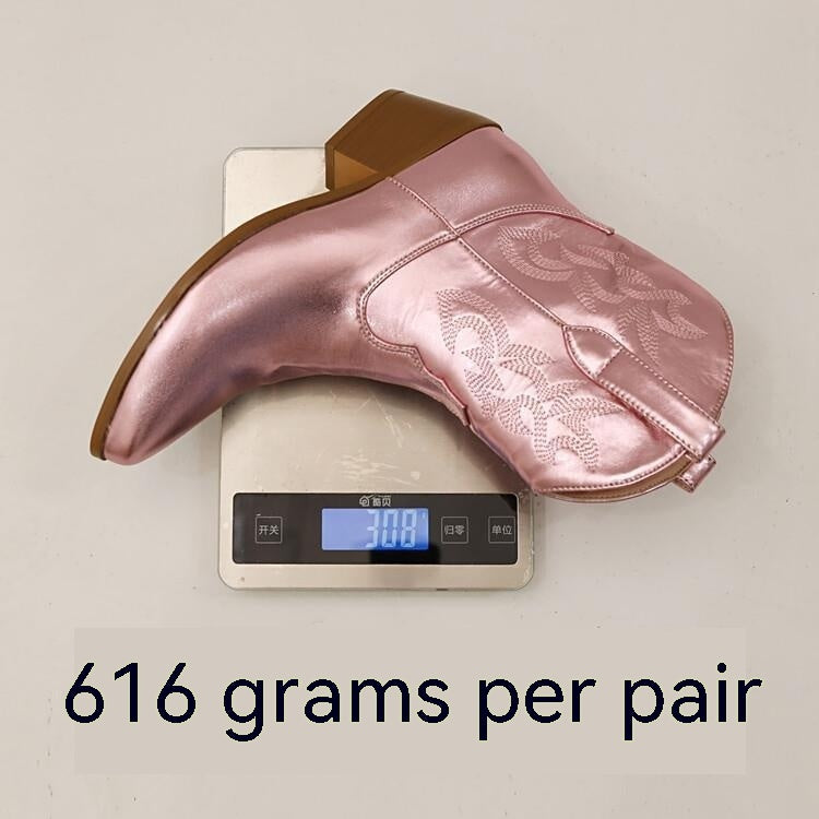 Metallic Patent Leather Embroidered Pointed Toe Chunky Heel Ankle Western Cowgirl Boots