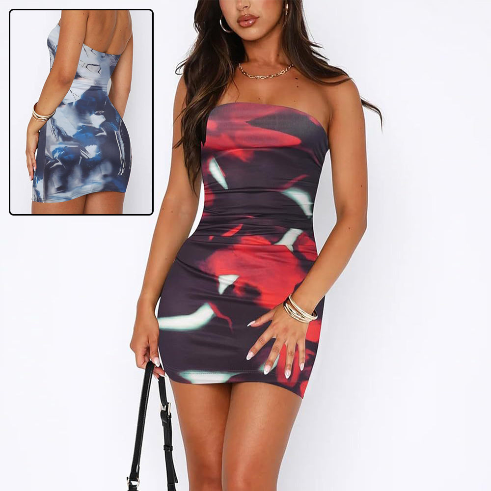 Sleeveless Ruched Flower/Colorblock Geometric Printed Mini Tube Dress