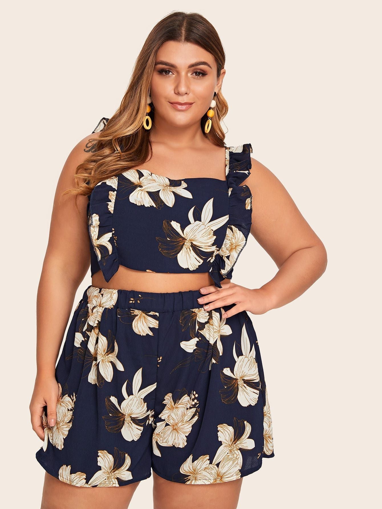 Navy Blue Flower Print Printed Crop Tank Top + Shorts 2-Piece Set to 4X Plus Size