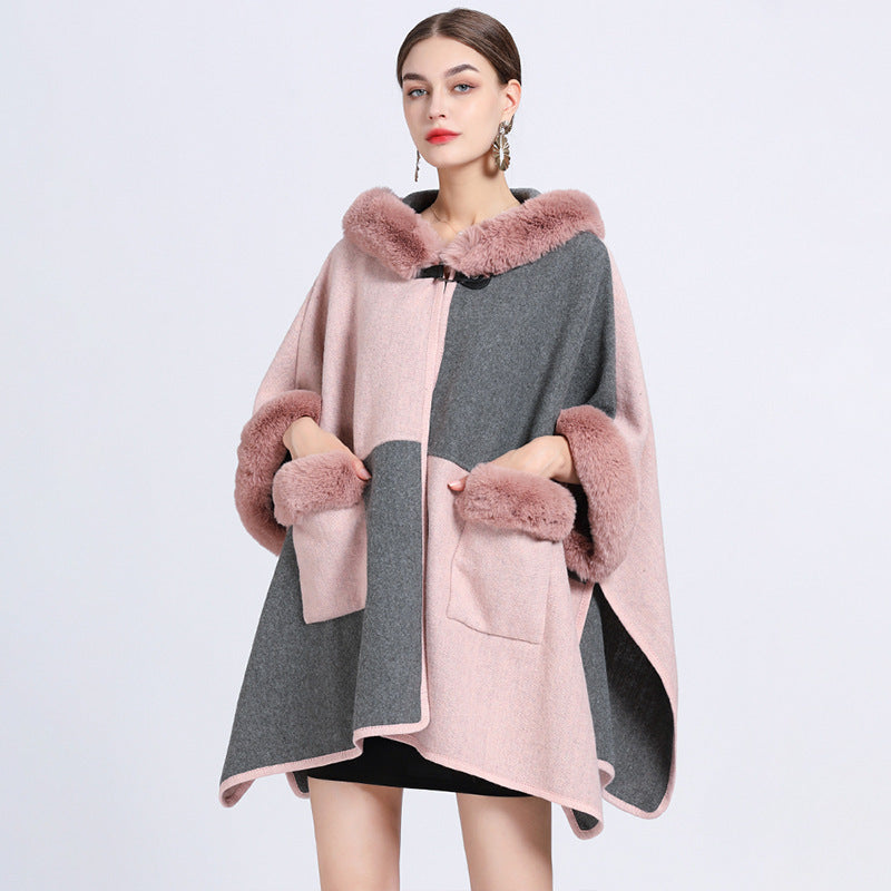 Colorblock Women's Faux Fur Collar Hooded Shawl Cape Coat