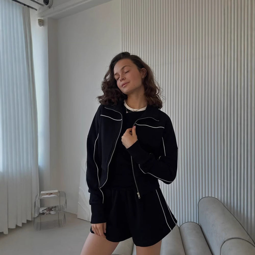 Striped Women's Zipper Sport Jacket + Elastic Shorts Two-Piece Set