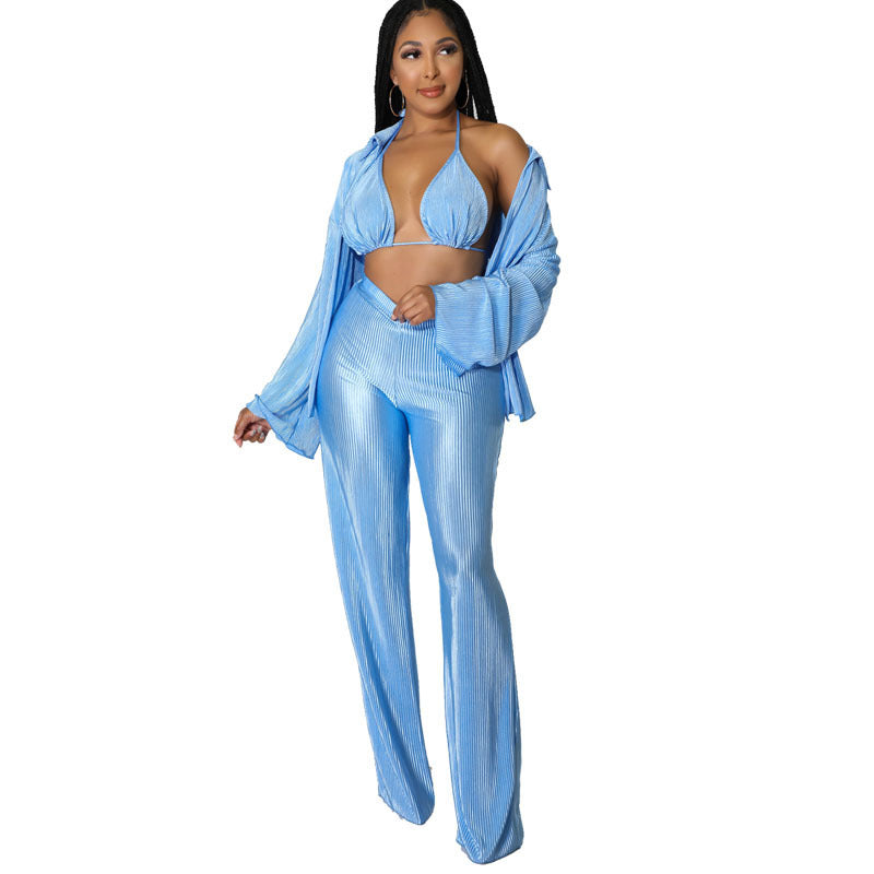 Solid Color Long Sleeve Women's Blouse + Matching Bra + Loose Pants 3-Piece Set to 5X Plus Size