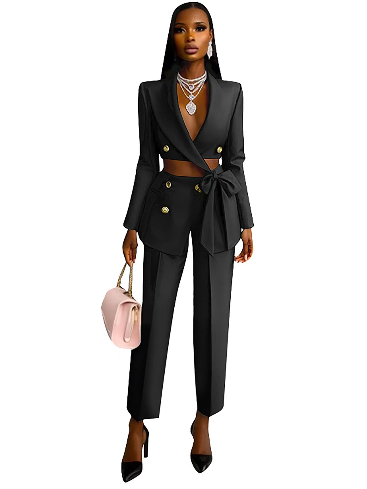 Cropped Hollow-Out Design Women's Sash Belted Blazer Jacket + Irregular Pants Suit
