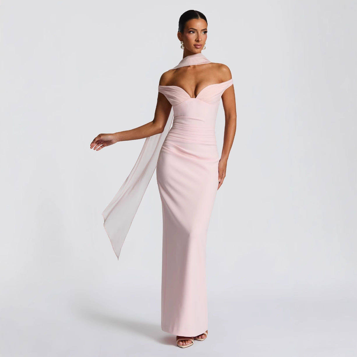 Off-the-Shoulder Solid Color Formal Evening Dress w/ Hanging Sash