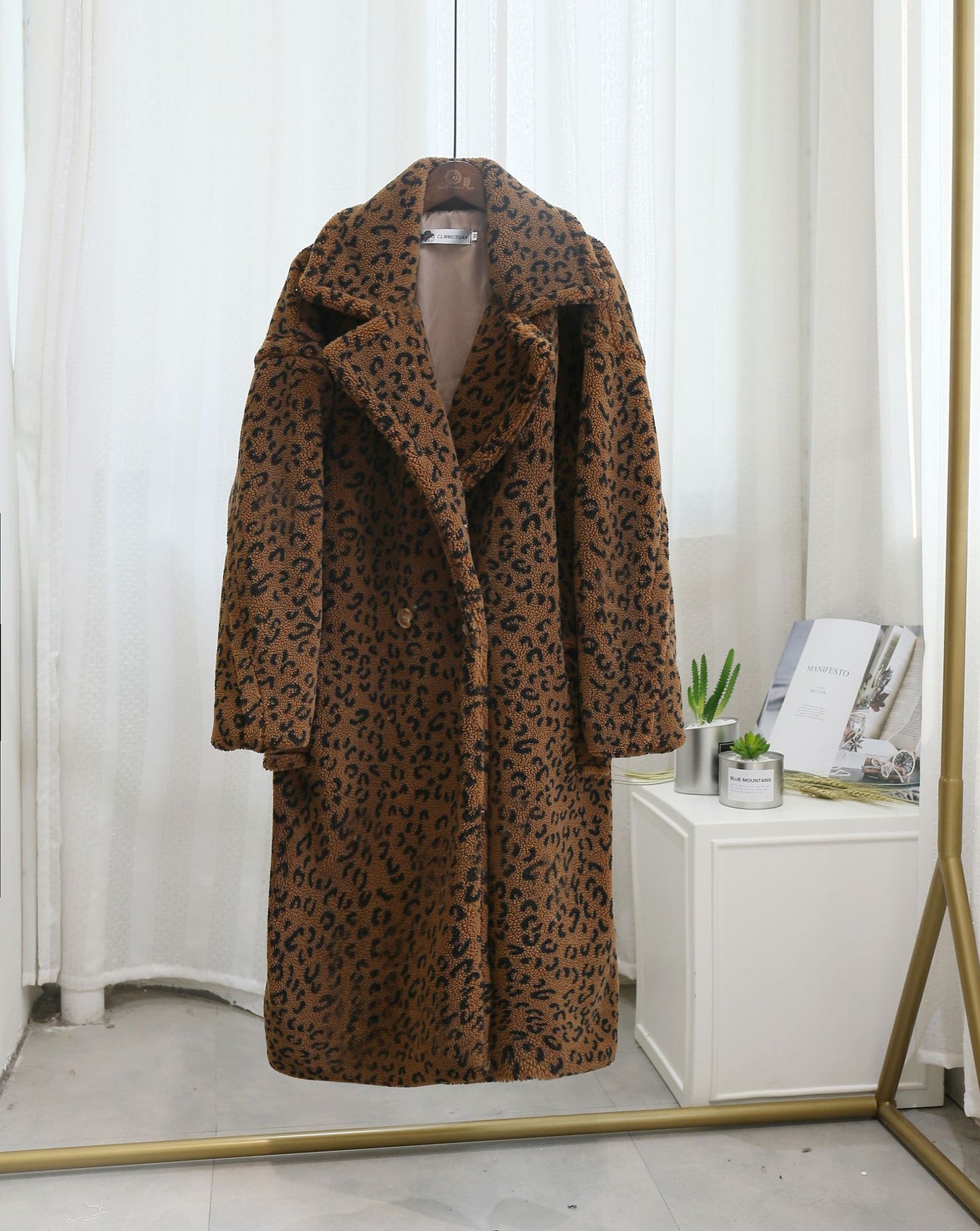 Oversized Leopard Print Plush Faux Sheared Fur Women's Turn-Down Collar Trenchcoat