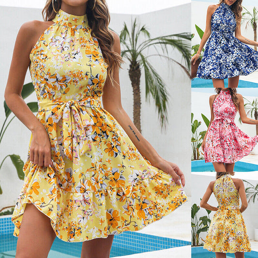 Flower Print Halter Neck Temperament Lace-Up Ruffled Mini Dress