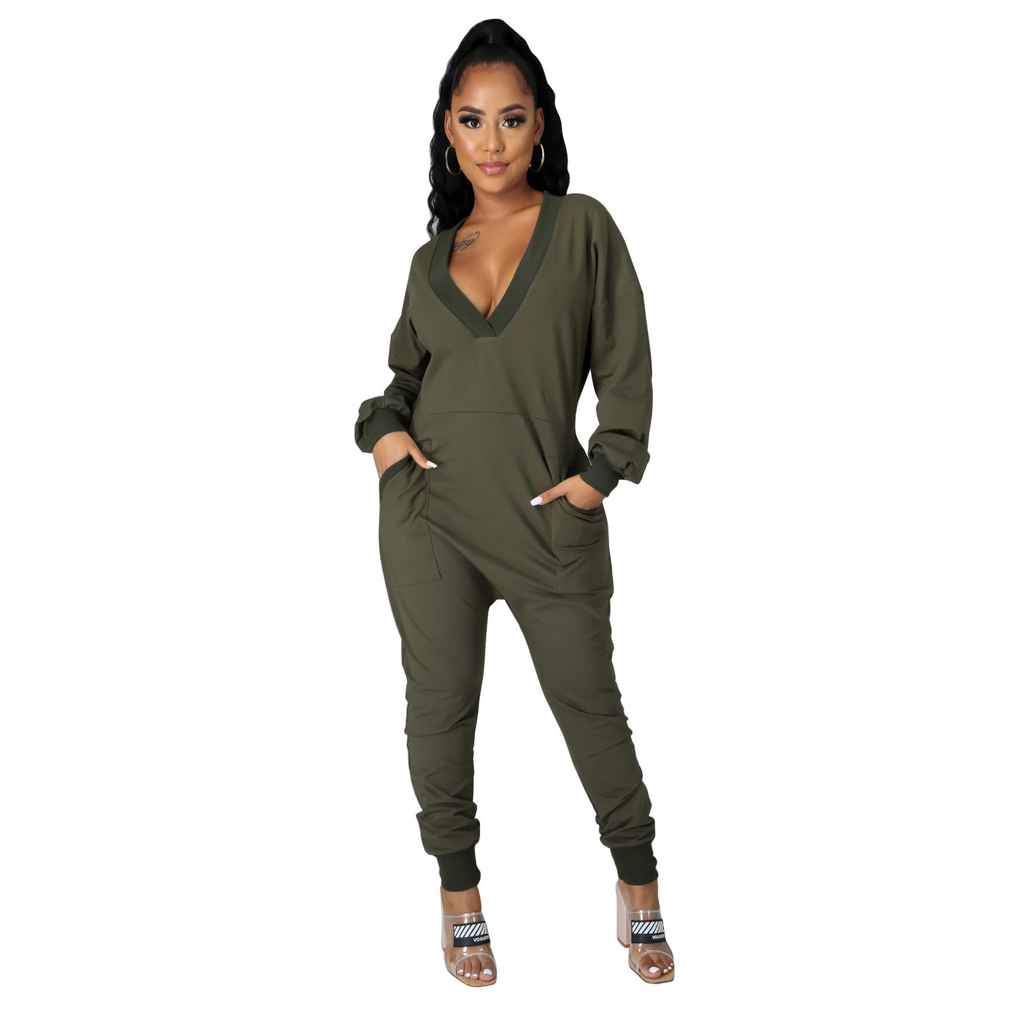 Deep V-Neck Long Sleeve Pocketed Women's Harem Pants Jumpsuit to 3X Plus Size