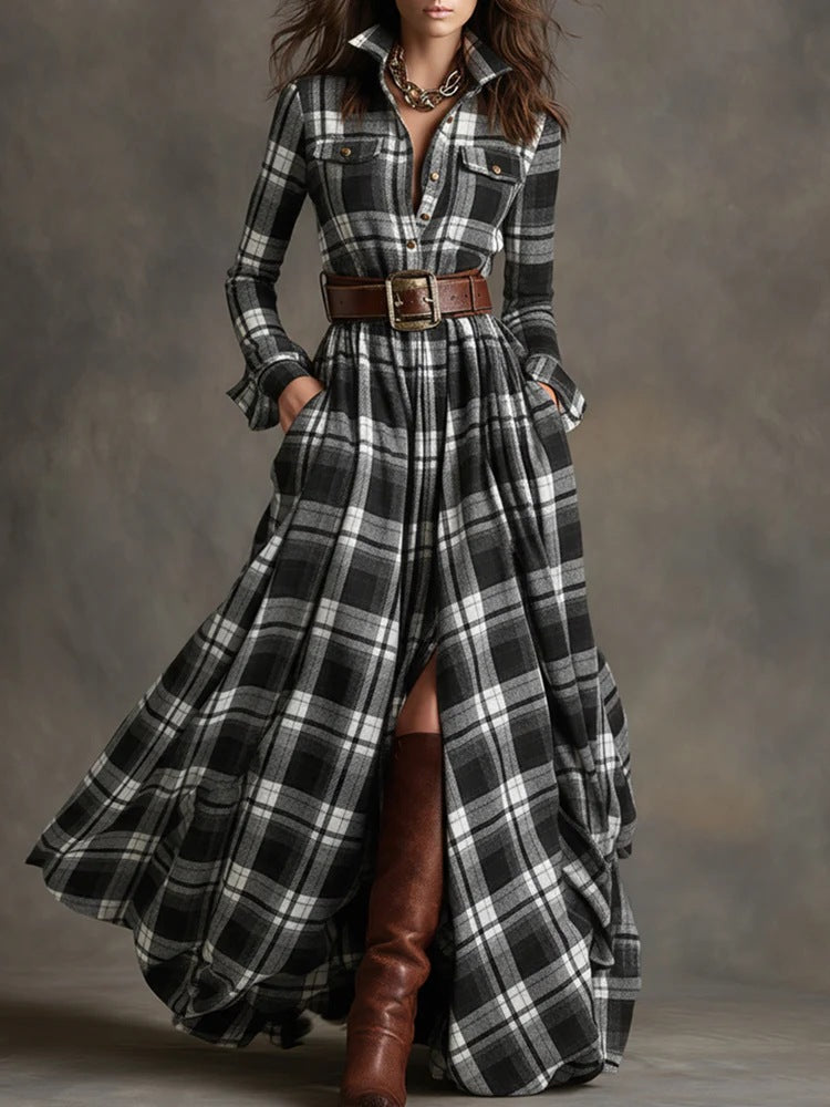 Oversized Plaid Print Long Sleeve Pocketed Turn-Down Collar Button-Up Big Swing Maxi Dress to 4X Plus Size