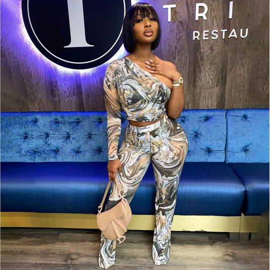 Geometric Swirl  Asymmetrical One Shoulder Long Sleeve Top + Elastic Waist Leggings Women's 2-Piece Set