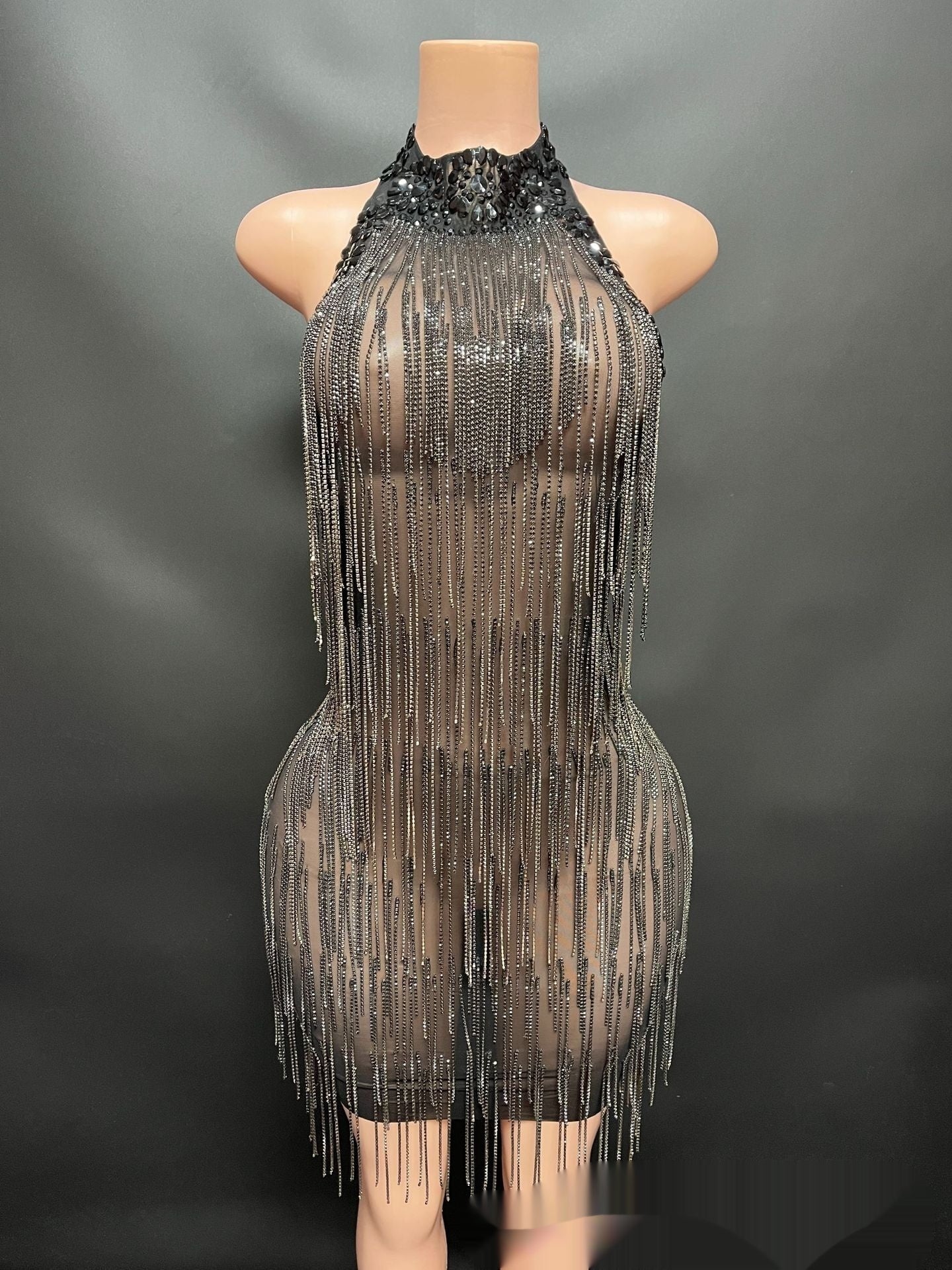 Transparent Sheer Hot Drill Diamond Tassel Fringe Chain Design Backless Sleeveless Formal Mini Party/Prom Dress