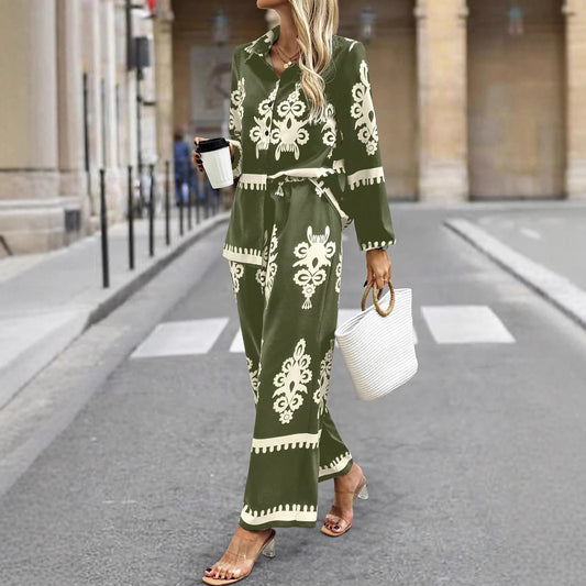 Baroque Embroidered Print Loose Blouse + Pants Women's 2-Piece Set