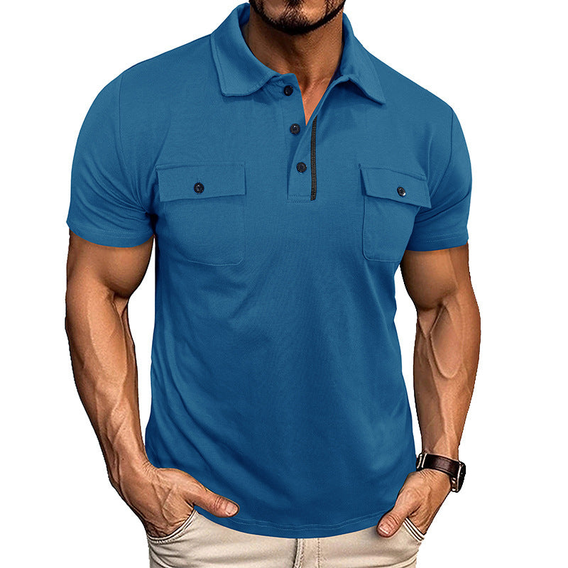 Men's Double Pocket Solid Color Button-Up Turn-Down Collar Polo Shirts