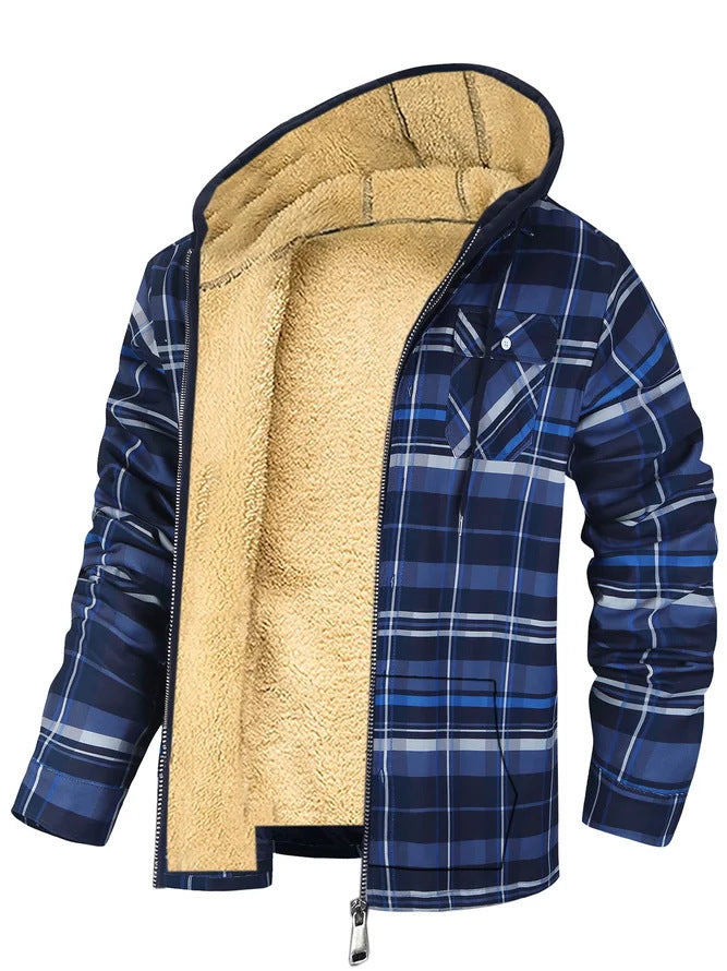 Men's Plaid Print Fleece Lined Hoodie Zipper Jacket
