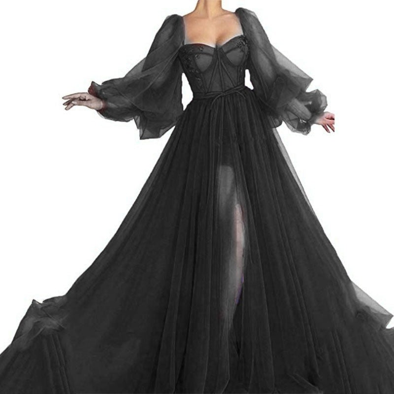 Oversized Mesh Sheer Transparent Over-the-Knee Long Sleeve Big Swing High Slit Maxi Dress