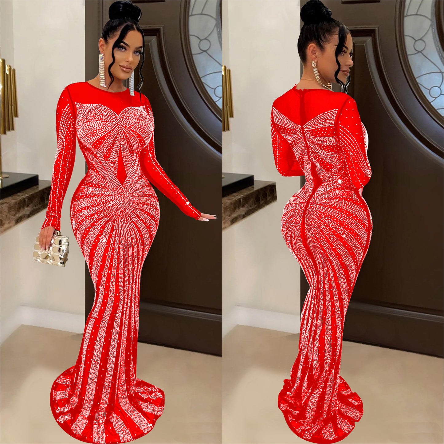 Metallic Hot Drill Rhinestone Sparkling Glitter Transparent Mesh Sheer Long Sleeve Formal Floor-Length Dress