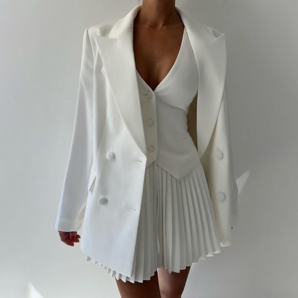 Double Breasted Blazer Jacket + Button-Up Vest Solid Pleated Mini Skirt Women's 3-Piece Suit