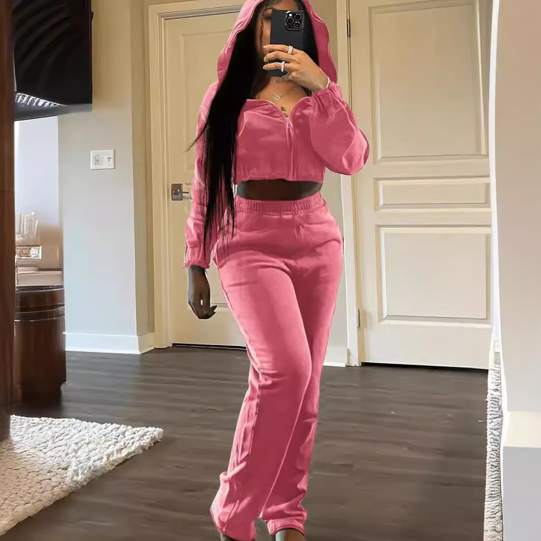 Cropped Solid Color Women's Zipper Hoodie Sweatshirt + Sweatpants Tracksuit