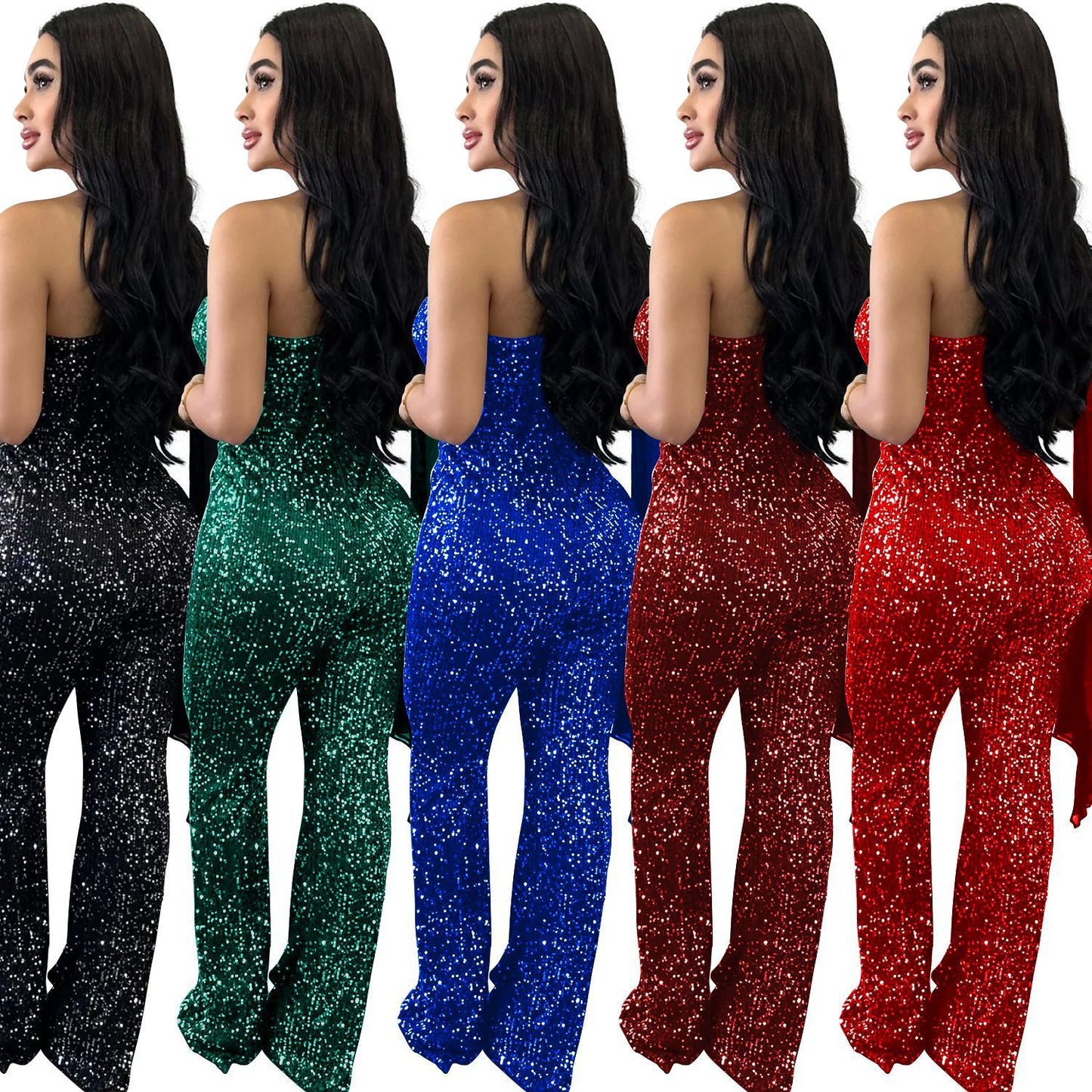 Sequin Glitter Asymmetrical Women's Solid Color Sleeveless One Shoulder Jumpsuit